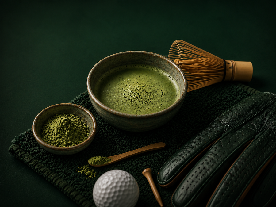 Green tea showing L theanine set with bowl & whisk next to golf balls, tees and gloves