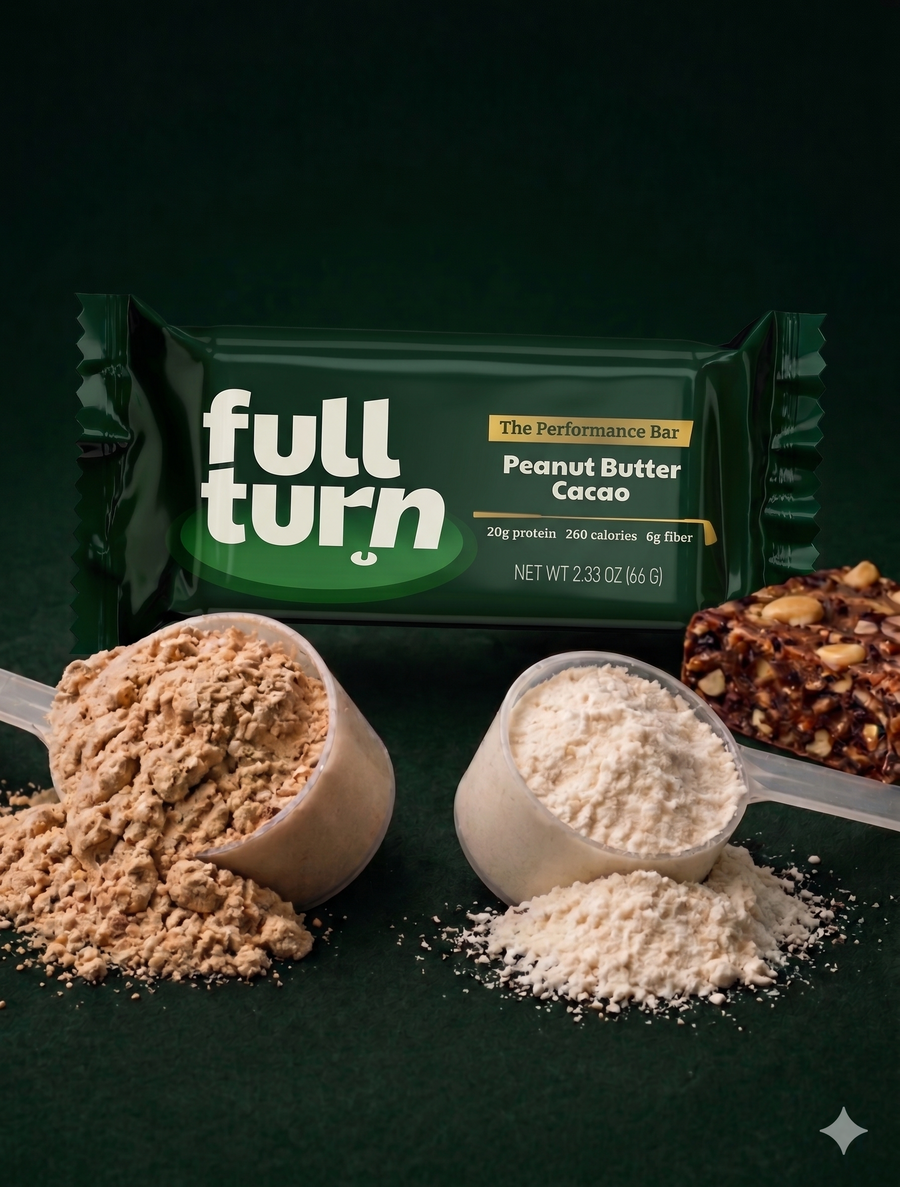 Full Turn Peanut Butter Cacao performance bar with ingredients on a dark background